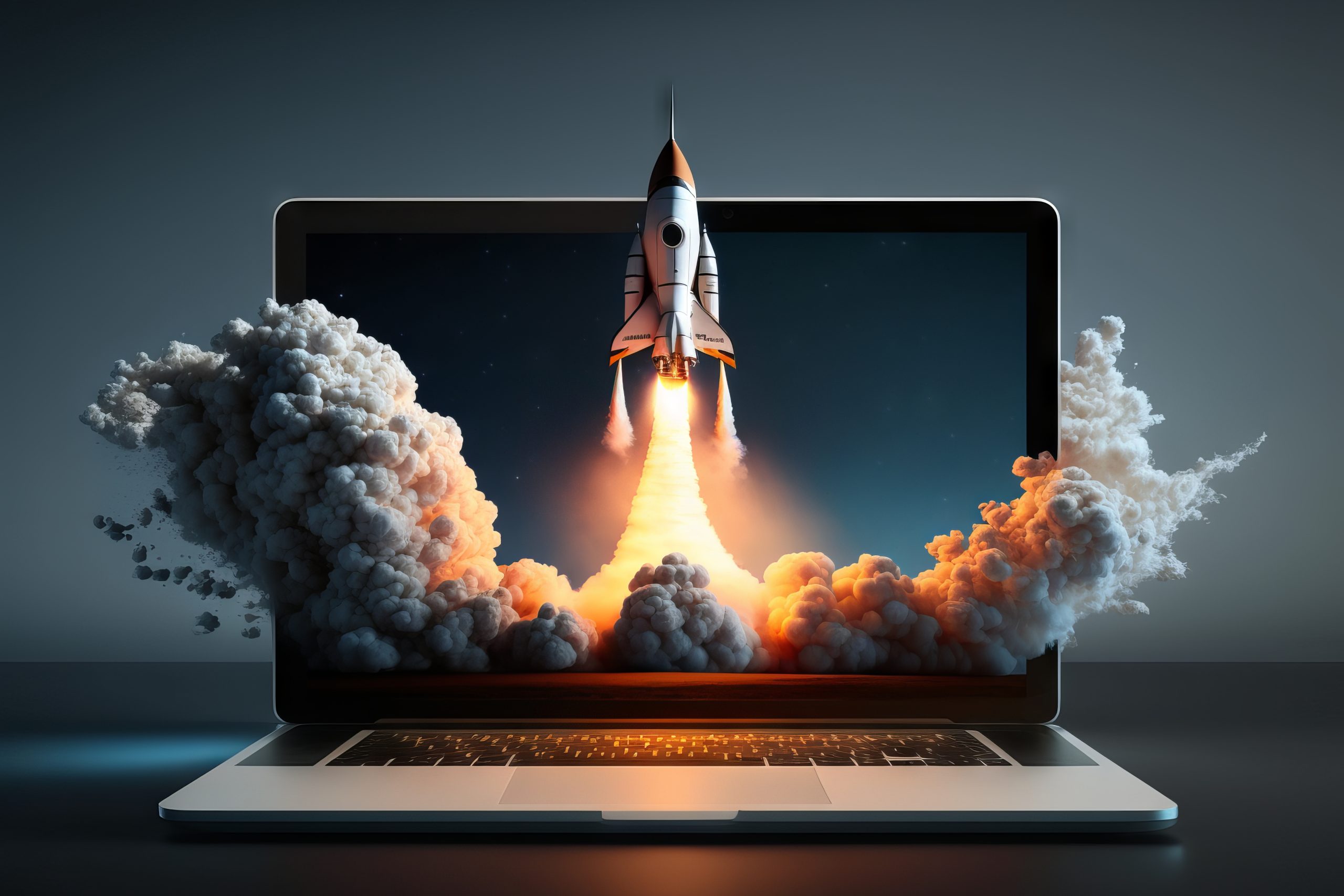 Rocket launch from a laptop screen.